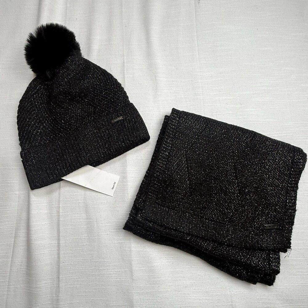 Calvin Klein Metallic Black Scarf And Matching Pom Pom Beanie Accessory Set New